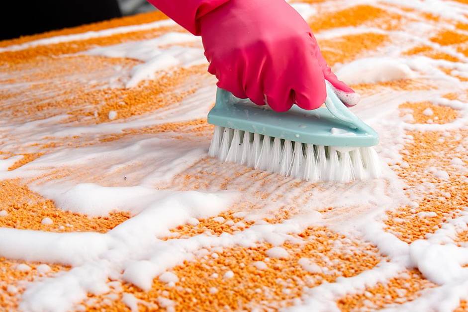 A person cleaning a stain on a carpet with a brush
