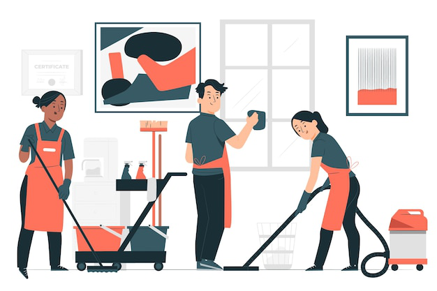 Illustration of professional cleaning service workers sanitizing an office with cleaning supplies