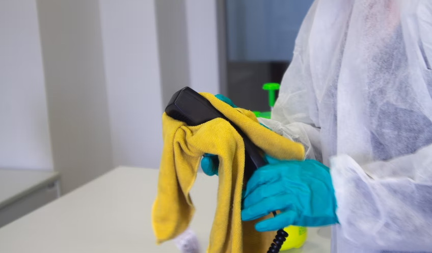 A person disinfecting a landline phone