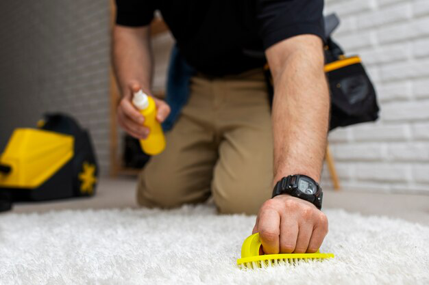 A professional cleaner using equipment to clean office carpets during flu season
