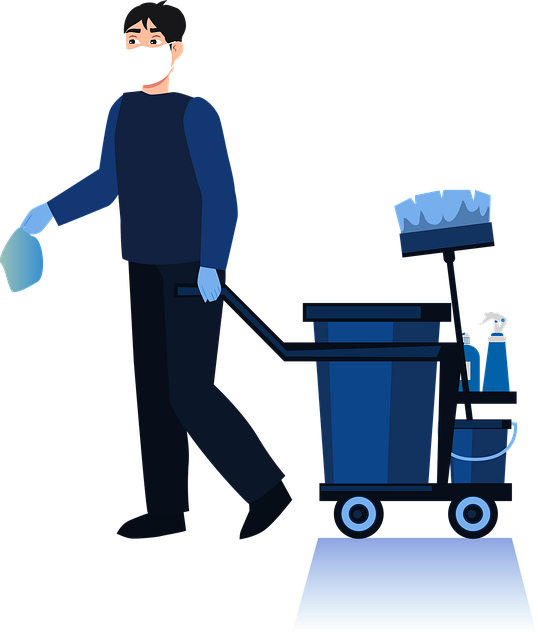 A professional janitor holding a mop and bucket to perform cleaning tasks