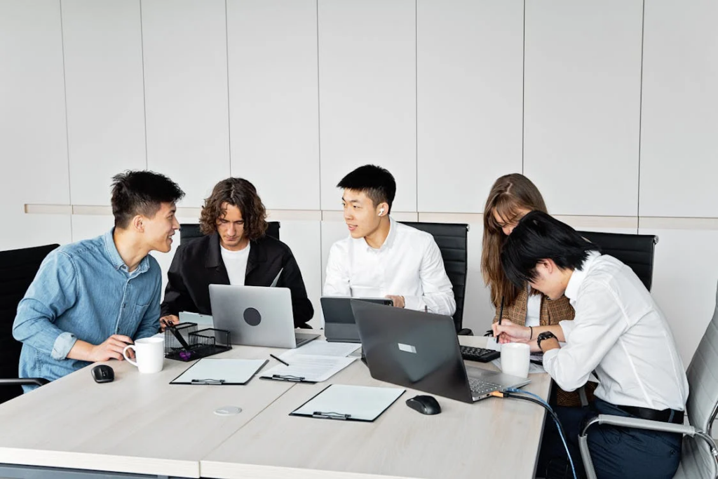 Employees working in a spotless, well-organized office space