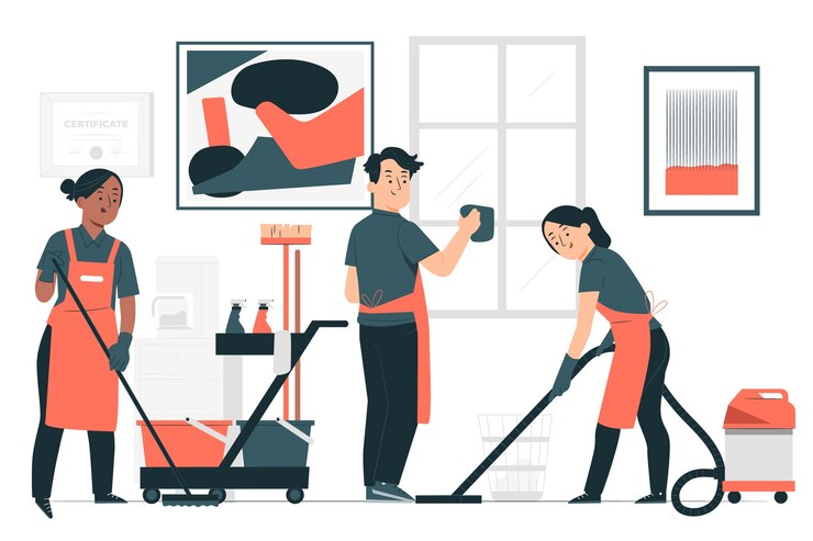 Illustration of janitorial staff performing various cleaning tasks, highlighting comprehensive cleaning solutions.