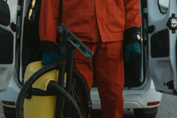 Janitorial staff holding a vacuum cleaner, adhering to industry standards and safety regulations.