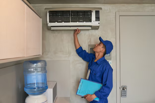 A man inspecting an air conditioner