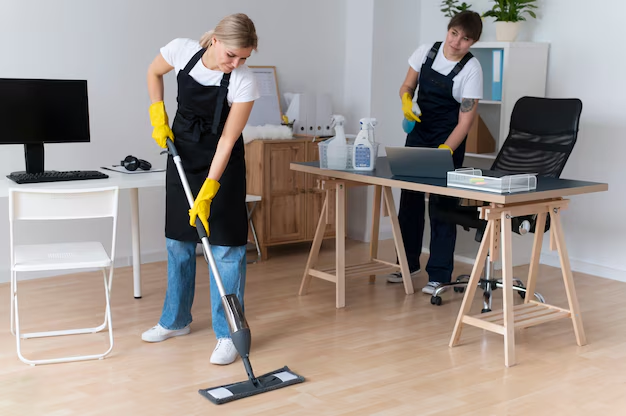 Two women cleaning an office