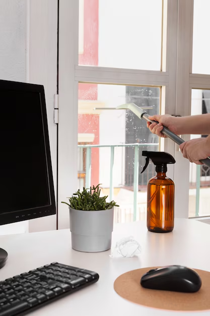 A person cleaning a window