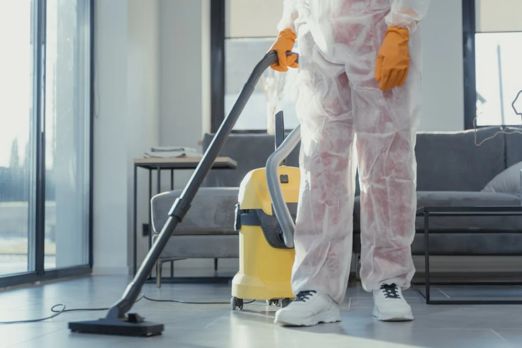 A person in a protective suit vacuuming a floor with a yellow vacuum cleaner