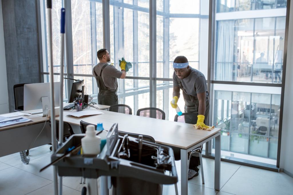 two professional cleaners hard at a job