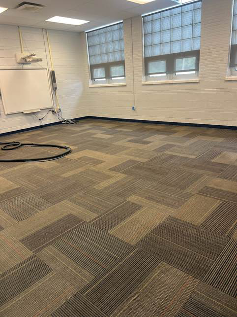 large room with carpeted floor and multiple windows