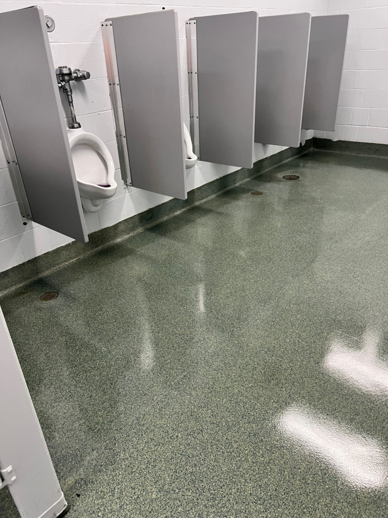 a clean washroom in an office