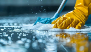 A person wearing a yellow glove scrubbing a surface